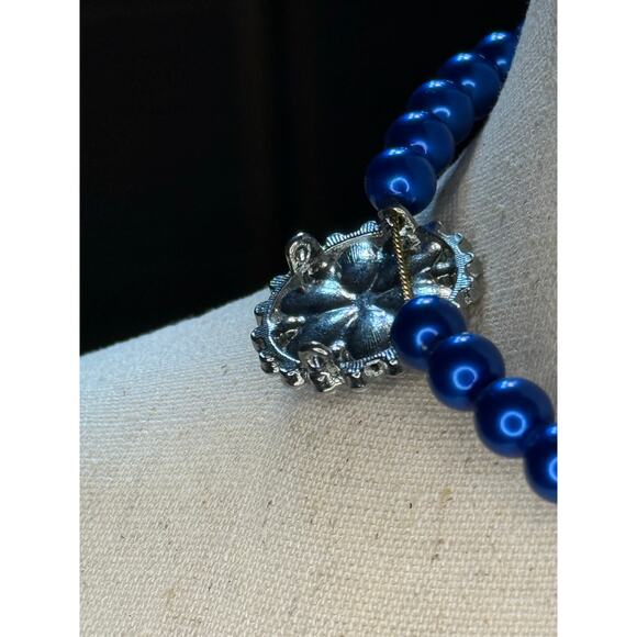 Handmade Blue Beaded Choker with Floral Crystal Accents - Picture 6 of 10